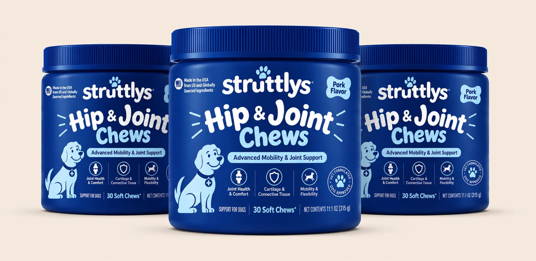 Three jars of Struttlys Hip & Joint Chews